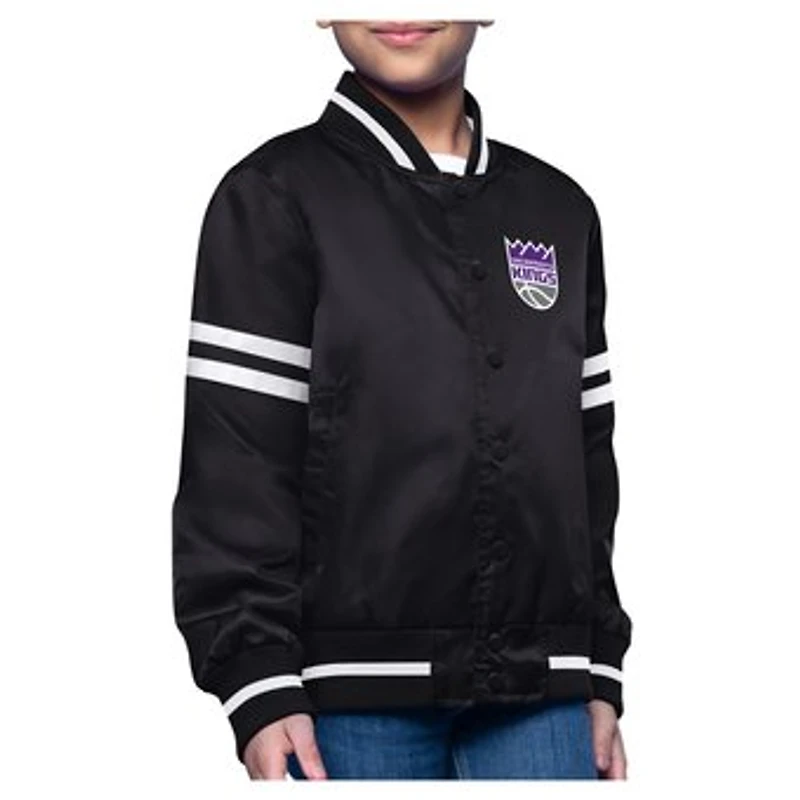 Youth Starter Black Sacramento Kings Printed Logo Varsity Satin Full-Snap Jacket
