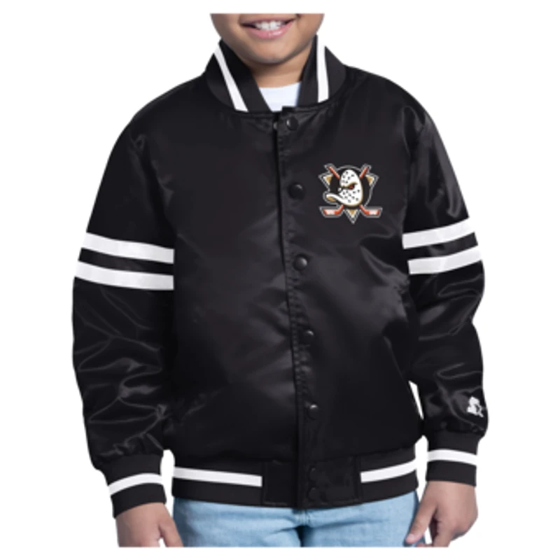 Youth Starter  Black Anaheim Ducks Starter Printed Logo Satin Varsity Full-Snap Jacket