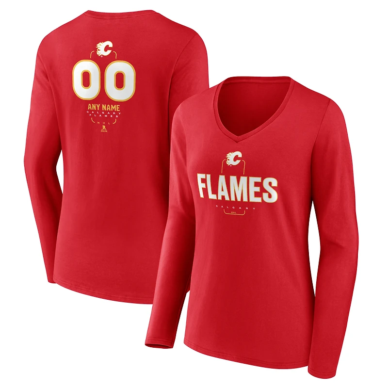 Women's Red Calgary Flames Personalized Name & Number Midfielder Long Sleeve V-Neck T-Shirt