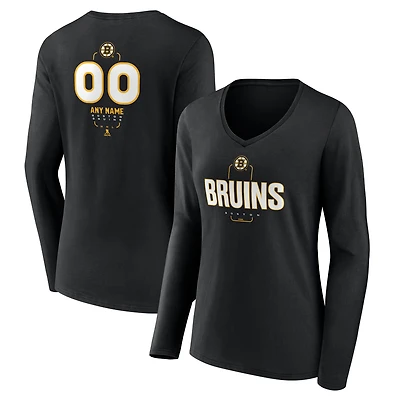 Women's Black Boston Bruins Personalized Name & Number Midfielder Long Sleeve V-Neck T-Shirt