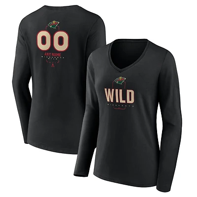 Women's Black Minnesota Wild Personalized Name & Number Midfielder Long Sleeve V-Neck T-Shirt