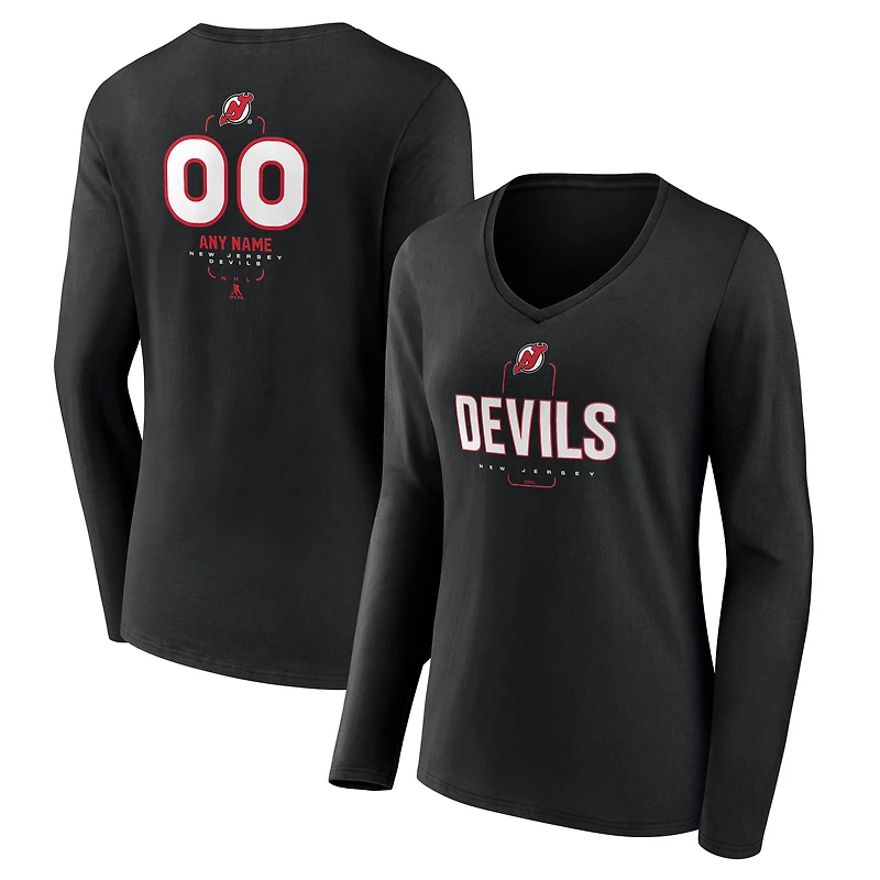 Women's Black New Jersey Devils Personalized Name & Number Midfielder Long Sleeve V-Neck T-Shirt
