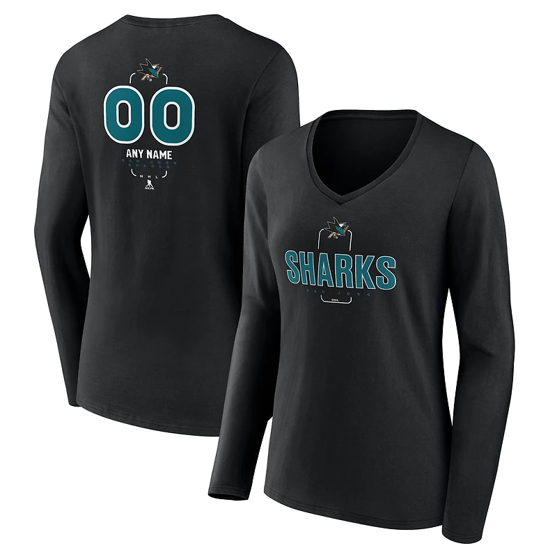 Women's Black San Jose Sharks Personalized Name & Number Midfielder Long Sleeve V-Neck T-Shirt