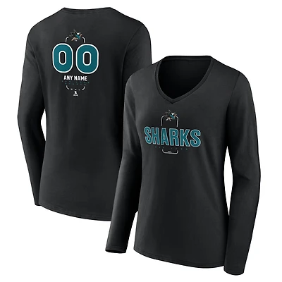 Women's Black San Jose Sharks Personalized Name & Number Midfielder Long Sleeve V-Neck T-Shirt
