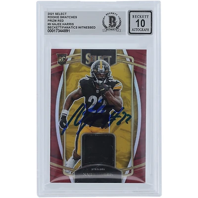 Najee Harris Pittsburgh Steelers Autographed 2021 Panini Select Red Prizm Rookie Swatches Jersey Relic #RSW-NHA Beckett Fanatics Witnessed Authenticated 10 Rookie Card