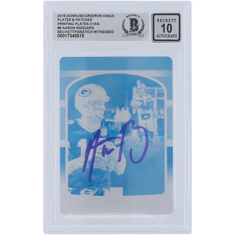 Aaron Rodgers Green Bay Packers Autographed 2019 Panini Donruss Gridiron Kings Cyan Printing Plate #8 #1/1 Beckett Fanatics Witnessed Authenticated 10 Card