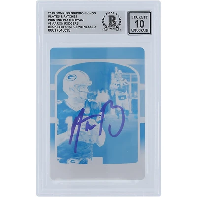 Aaron Rodgers Green Bay Packers Autographed 2019 Panini Donruss Gridiron Kings Cyan Printing Plate #8 #1/1 Beckett Fanatics Witnessed Authenticated 10 Card