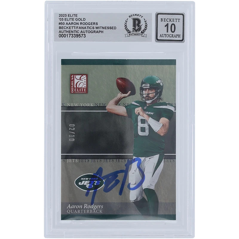 Aaron Rodgers New York Jets Autographed 2023 Panini Donruss Elite '03 Elite Gold #50 #/10 Beckett Fanatics Witnessed Authenticated 10 Card