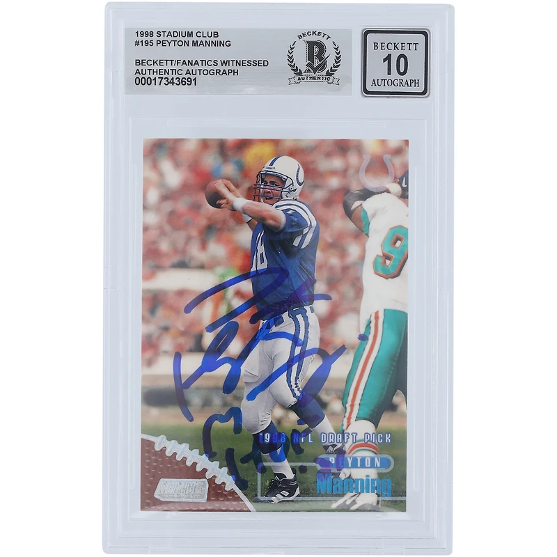 Peyton Manning Indianapolis Colts Autographed 1998 Topps Stadium Club #195 Beckett Fanatics Witnessed Authenticated 10 Rookie Card with "HOF 21" Inscription