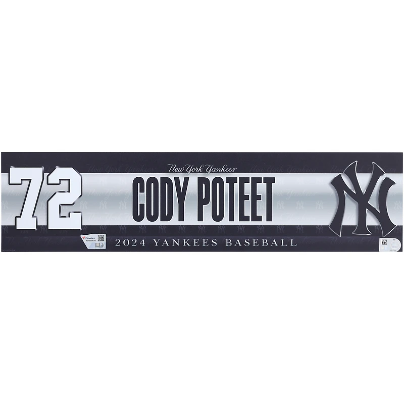 Cody Poteet New York Yankees Player-Issued #72 Nameplate from the 2024 MLB Season