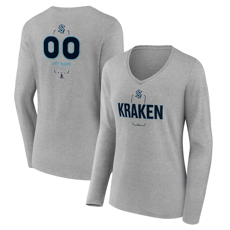 Women's Gray Seattle Kraken Personalized Name & Number Midfielder Long Sleeve V-Neck T-Shirt