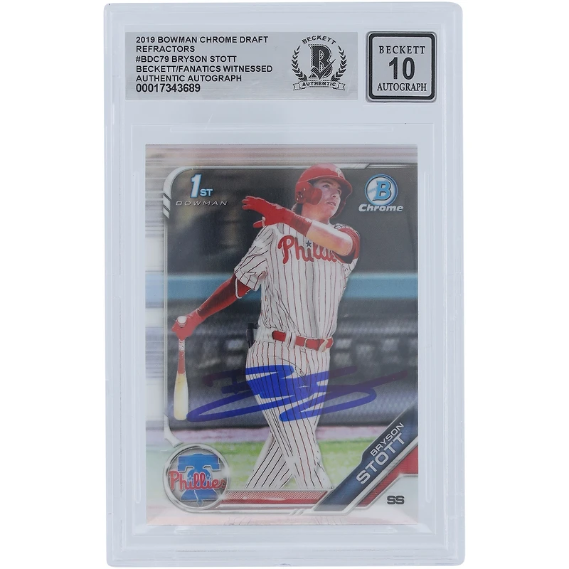 Bryson Stott Philadelphia Phillies Autographed 2019 Bowman Chrome Draft Refractor #BDC-79 Beckett Fanatics Witnessed Authenticated 10 Card