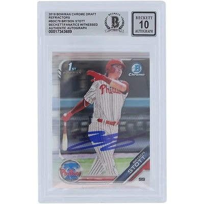 Bryson Stott Philadelphia Phillies Autographed 2019 Bowman Chrome Draft Refractor #BDC-79 Beckett Fanatics Witnessed Authenticated 10 Card