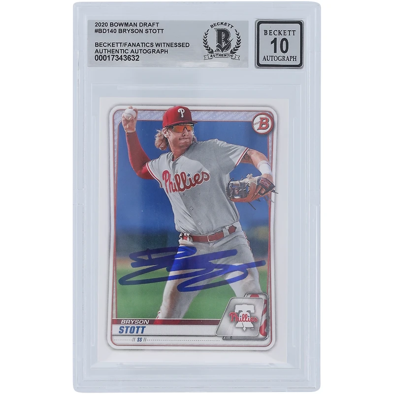 Bryson Stott Philadelphia Phillies Autographed 2020 Bowman Draft #BD-140 Beckett Fanatics Witnessed Authenticated 10 Card