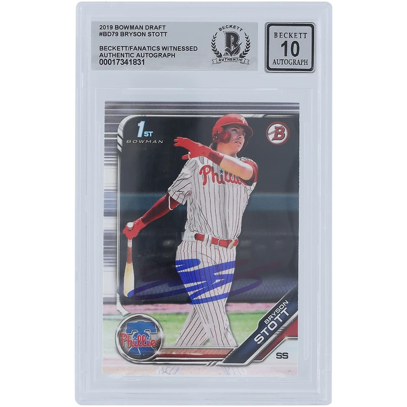 Bryson Stott Philadelphia Phillies Autographed 2019 Bowman Draft #BD-79 Beckett Fanatics Witnessed Authenticated 10 Card
