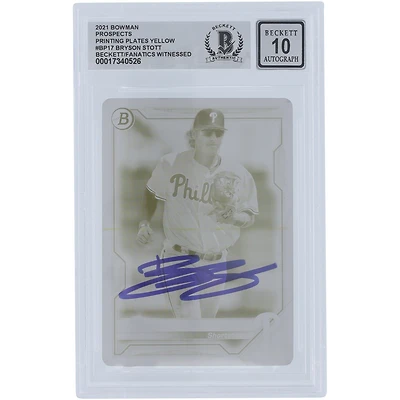 Bryson Stott Philadelphia Phillies Autographed 2021 Bowman Prospects Yellow Printing Plate #BP-17 #1/1 Beckett Fanatics Witnessed Authenticated 10 Card