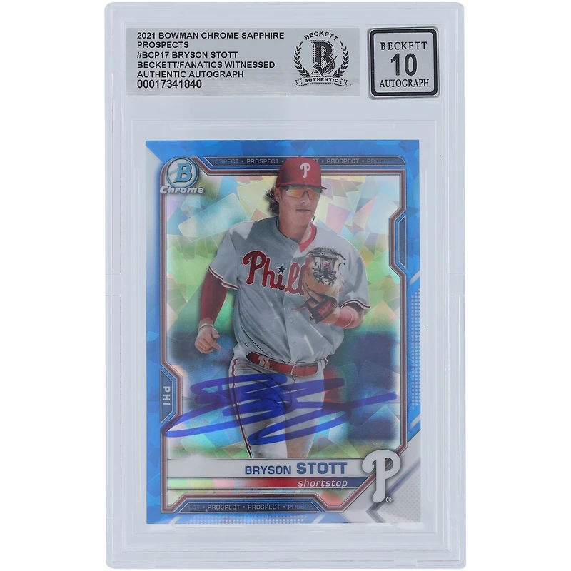 Bryson Stott Philadelphia Phillies Autographed 2021 Bowman Chrome Sapphire Prospects #BCP-17 Beckett Fanatics Witnessed Authenticated 10 Card