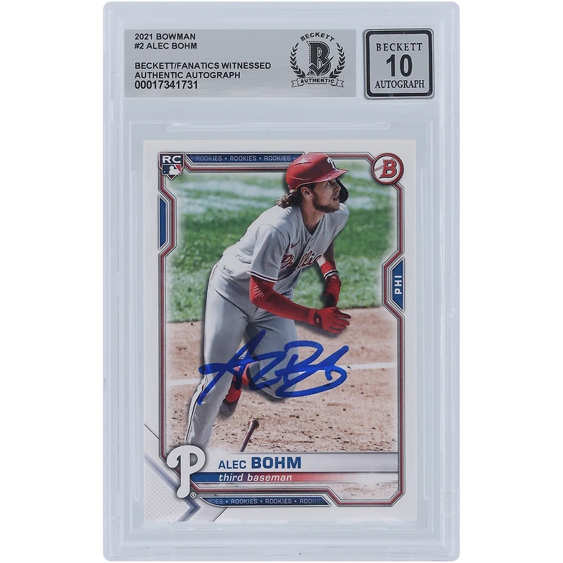 Alec Bohm Philadelphia Phillies Autographed 2021 Bowman #2 Beckett Fanatics Witnessed Authenticated 10 Rookie Card