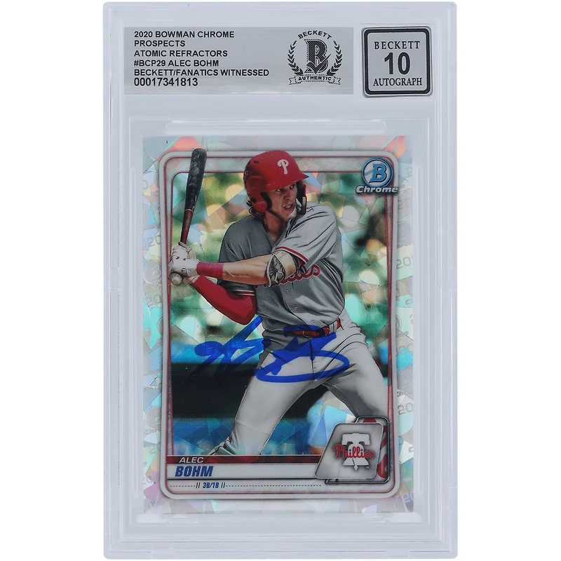 Alec Bohm Philadelphia Phillies Autographed 2020 Bowman Chrome Prospects Atomic Refractor #BCP-29 Beckett Fanatics Witnessed Authenticated 10 Card