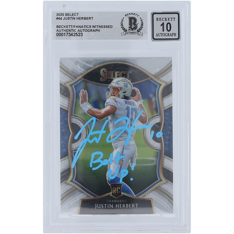 Justin Herbert Los Angeles Chargers Autographed 2020 Panini Select Light Blue Ink #44 Beckett Fanatics Witnessed Authenticated Rookie Card with "Bolt Up!" Inscription