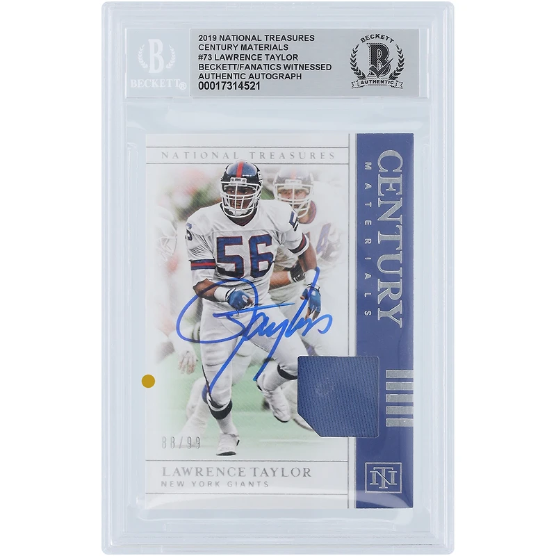 Lawrence Taylor New York Giants Autographed 2019 Panini National Treasures Century Materials Relic #CM-73 #/99 Beckett Fanatics Witnessed Authenticated Card