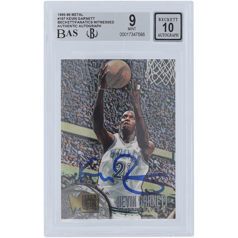 Kevin Garnett Minnesota Timberwolves Autographed 1995-96 Skybox Meta #167 Beckett Fanatics Witnessed Authenticated 10 Rookie Card