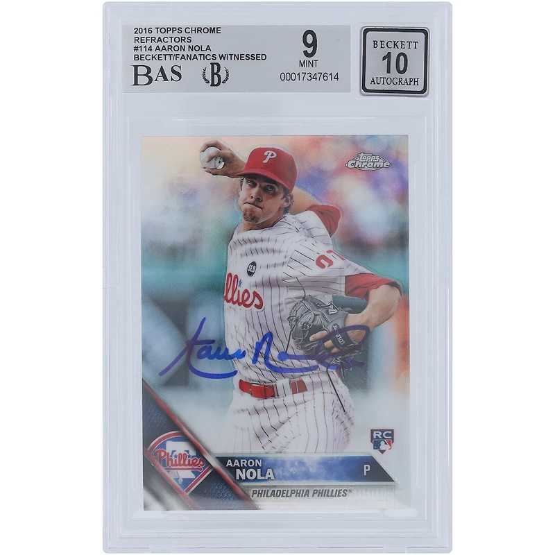 Aaron Nola Philadelphia Phillies Autographed 2016 Topps Chrome Refractors #114 Beckett Fanatics Witnessed Authenticated 9/10 Rookie Card
