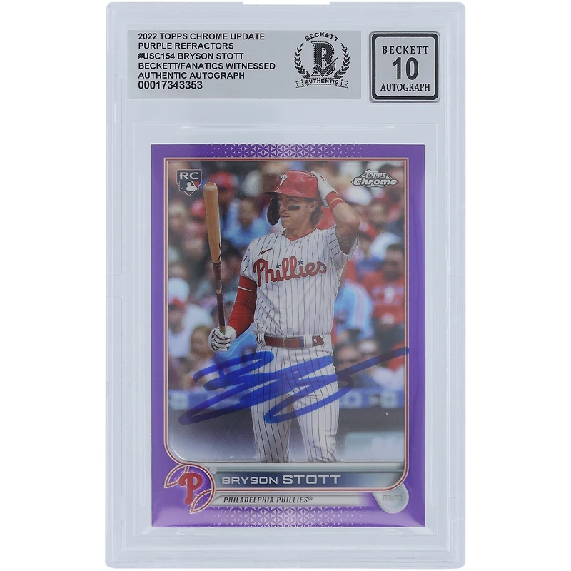 Bryson Stott Philadelphia Phillies Autographed 2022 Topps Chrome Update Purple Refractor #USC154 Beckett Fanatics Witnessed Authenticated 10 Rookie Card