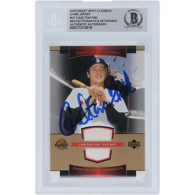 Carlton Fisk Boston Red Sox Autographed 2003 Upper Deck Sweet Spot Classic Game Jersey Relic #SJ-CF Beckett Fanatics Witnessed Authenticated Card