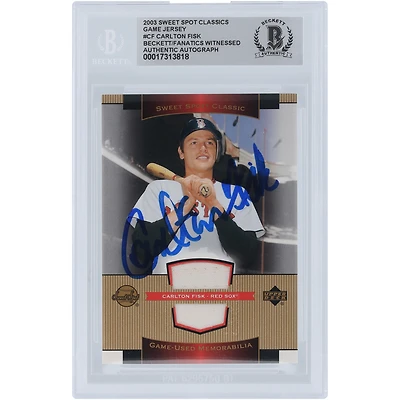 Carlton Fisk Boston Red Sox Autographed 2003 Upper Deck Sweet Spot Classic Game Jersey Relic #SJ-CF Beckett Fanatics Witnessed Authenticated Card