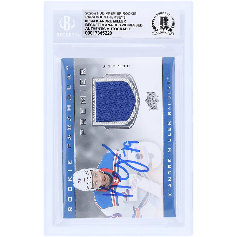 K'Andre Miller New York Rangers Autographed 2020-21 Upper Deck Premier Rookie Paramount Jerseys Relic #P-KM Beckett Fanatics Witnessed Authenticated 10 Rookie Card