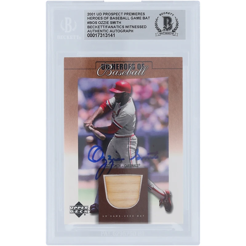 Ozzie Smith St. Louis Cardinals Autographed 2001 Upper Deck Prospect Premieres Heroes of Baseball Bat Relic #B-OS Beckett Fanatics Witnessed Authenticated Card