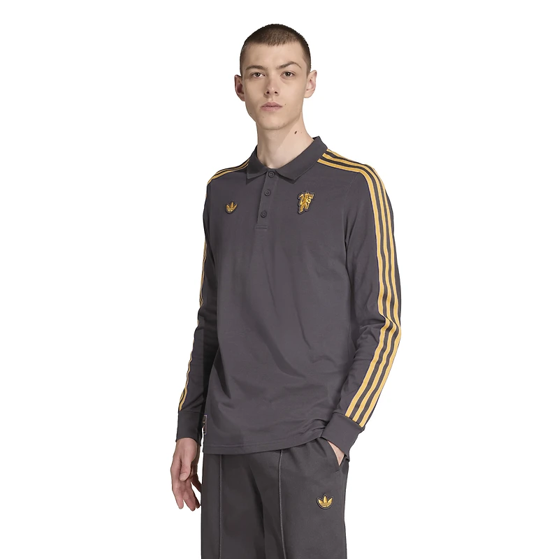 Men's adidas Gray Manchester United Terrace Icons Long Sleeve Polo