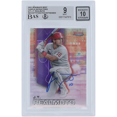 J.T. Realmuto Philadelphia Phillies Autographed 2021 Bowman's Best Purple Refractors #77 #/250 Beckett Fanatics Witnessed Authenticated 9/10 Card