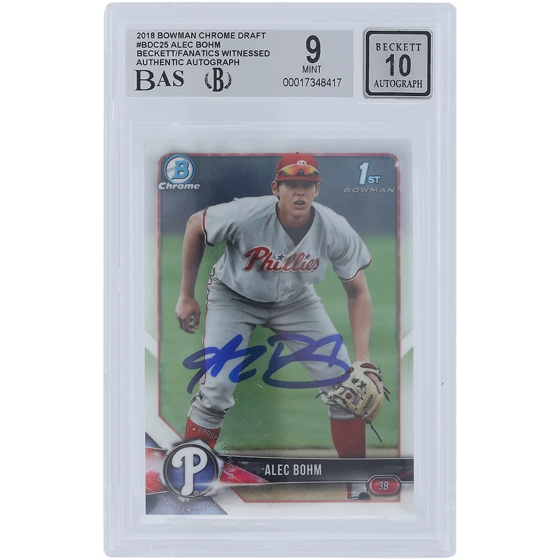 Alec Bohm Philadelphia Phillies Autographed 2018 Bowman Chrome Draft #BDC-25 Beckett Fanatics Witnessed Authenticated /10 Card