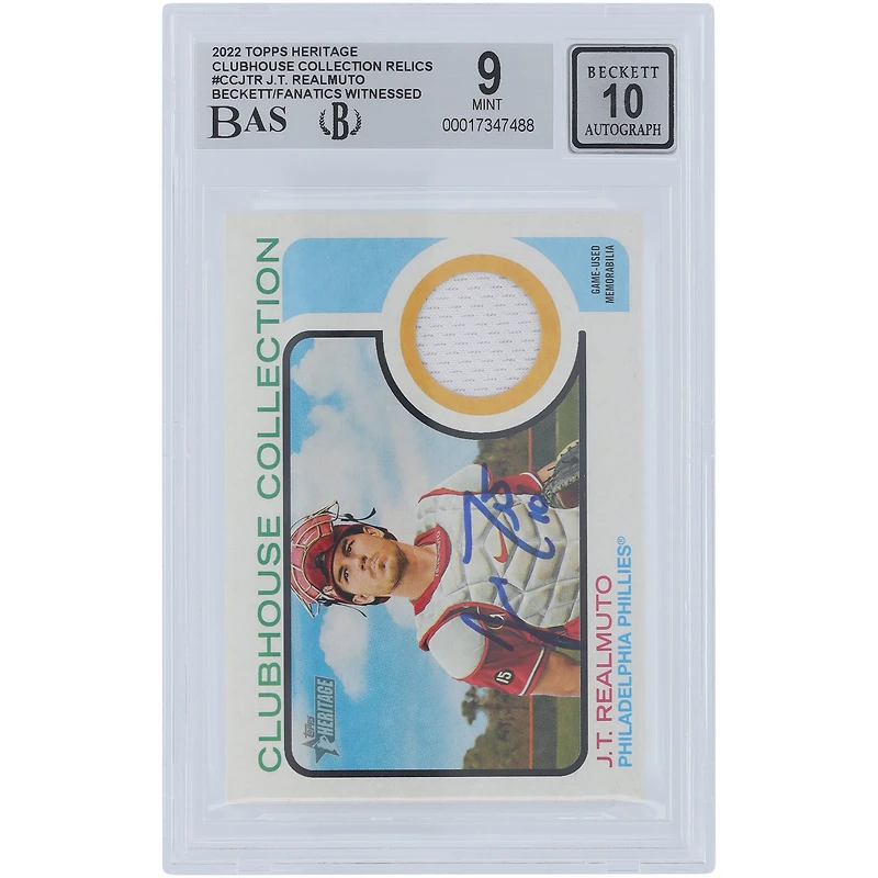 J.T. Realmuto Philadelphia Phillies Autographed 2022 Topps Heritage Clubhouse Collection White Relic #CC-JTR Beckett Fanatics Witnessed Authenticated 9/10 Card