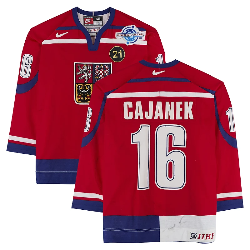Petr Cajanek Team Czech Republic Game-Used #16 Red Nike Jersey vs. Team Germany on September 3 during the 2004 World Cup of Hockey
