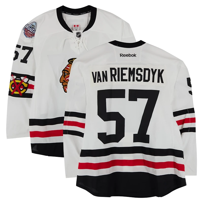 Trevor van Riemsdyk Chicago Blackhawks Practice-Used #57 White Reebok Jersey vs. St. Louis Blues on January 2, 2017 - NHL Winter Classic - Worn During Warm-Ups