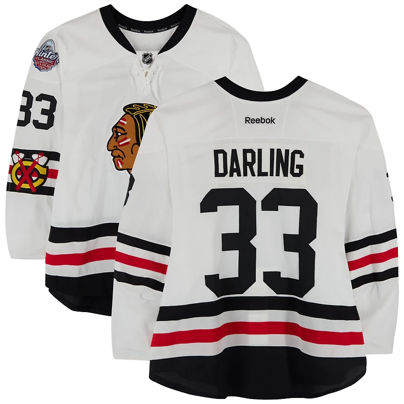 Scott Darling Chicago Blackhawks Practice-Used #33 White Reebok Jersey vs. St. Louis Blues on January 2, 2017 - NHL Winter Classic - Worn During Warm-Ups