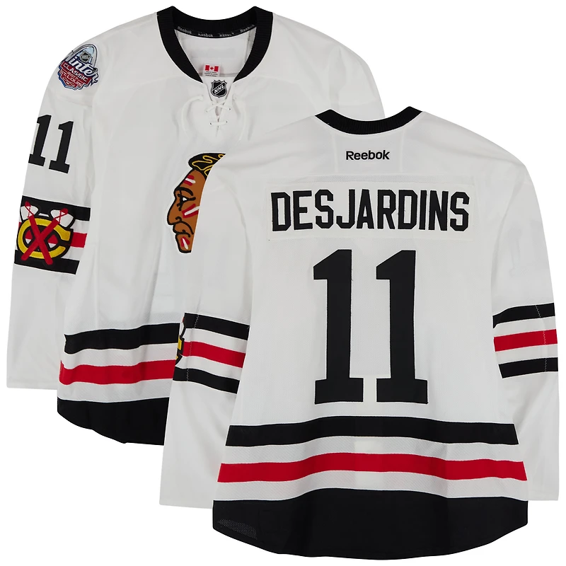 Andrew Desjardins Chicago Blackhawks Practice-Used #11 White Reebok Jersey vs. St. Louis Blues on January 2, 2017 - NHL Winter Classic - Worn During Warm-Ups