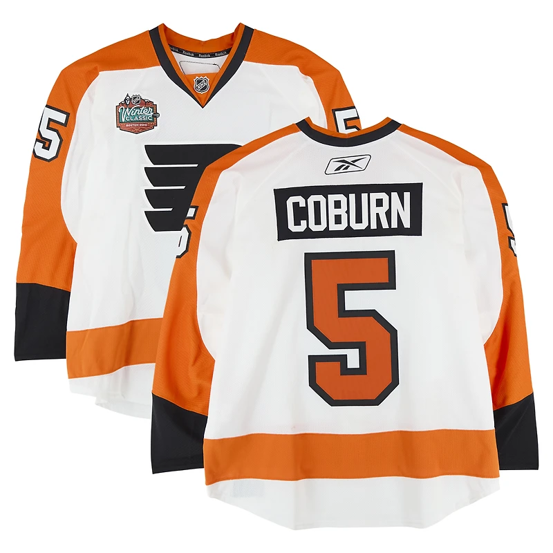 Braydon Coburn Philadelphia Flyers Practice-Used #5 White Reebok Jersey vs. Boston Bruins on January 1, 2010 - NHL Winter Classic - Worn During Warm-Ups