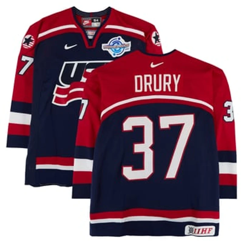 Chris Drury Team USA Game-Used #37 Navy Nike Jersey vs. Team Slovakia on September 3 during the 2004 World Cup of Hockey