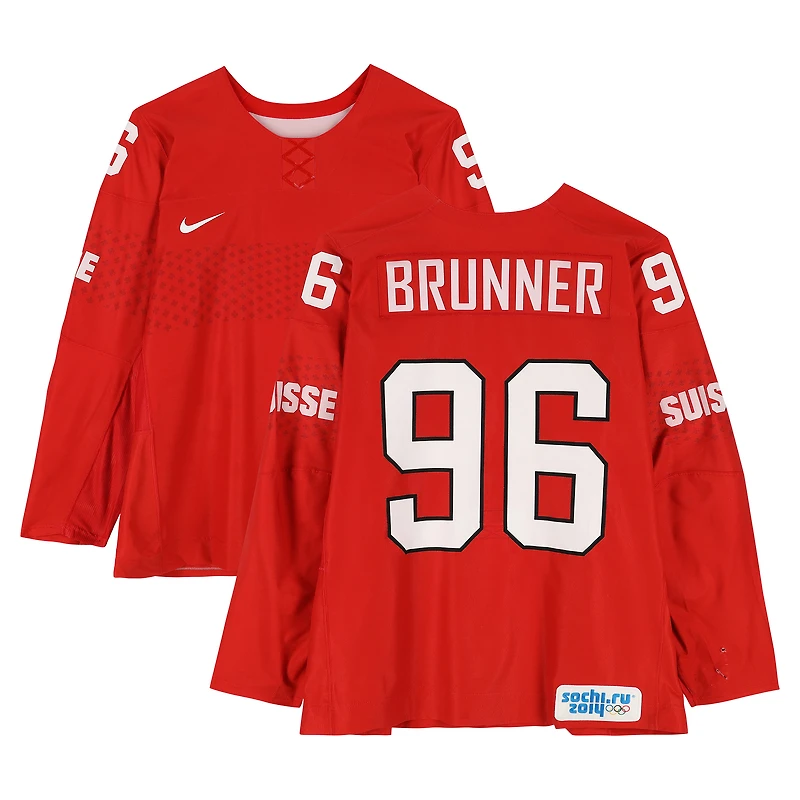 Damien Brunner Team Switzerland Game-Used #96 Red Nike Jersey vs. Team Latvia on February 12 during the 2014 Olympic Games