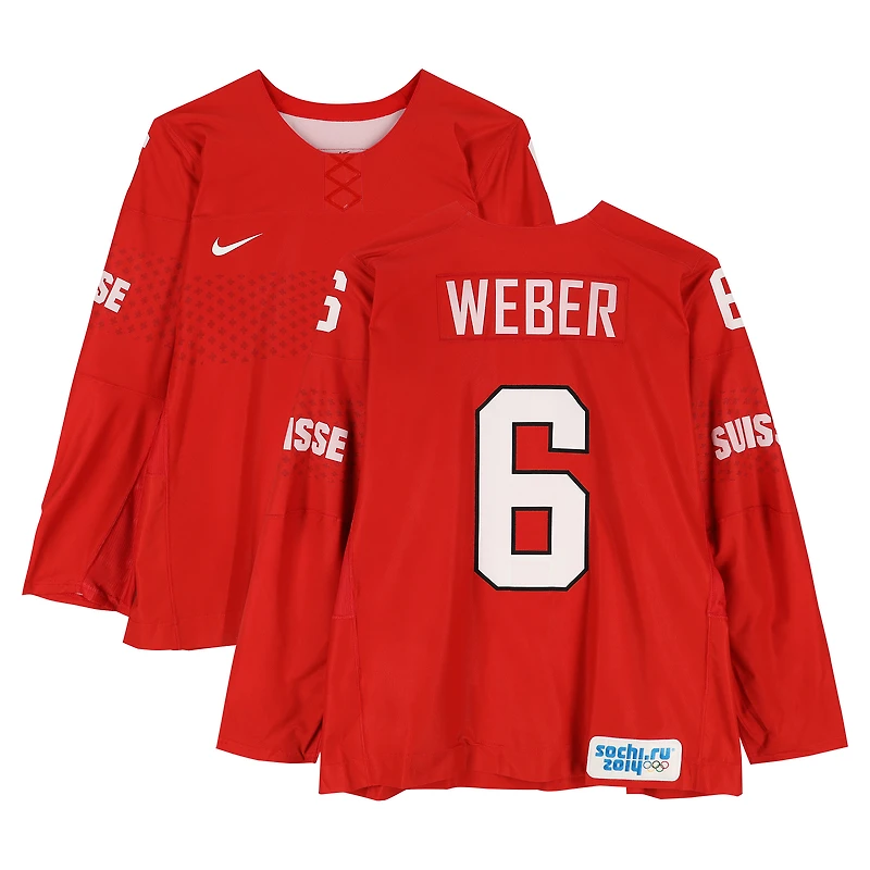 Yannick Weber Team Switzerland Game-Used #6 Red Nike Jersey vs. Team Latvia on February 12 during the 2014 Olympic Games