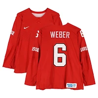 Yannick Weber Team Switzerland Game-Used #6 Red Nike Jersey vs. Team Latvia on February 12 during the 2014 Olympic Games
