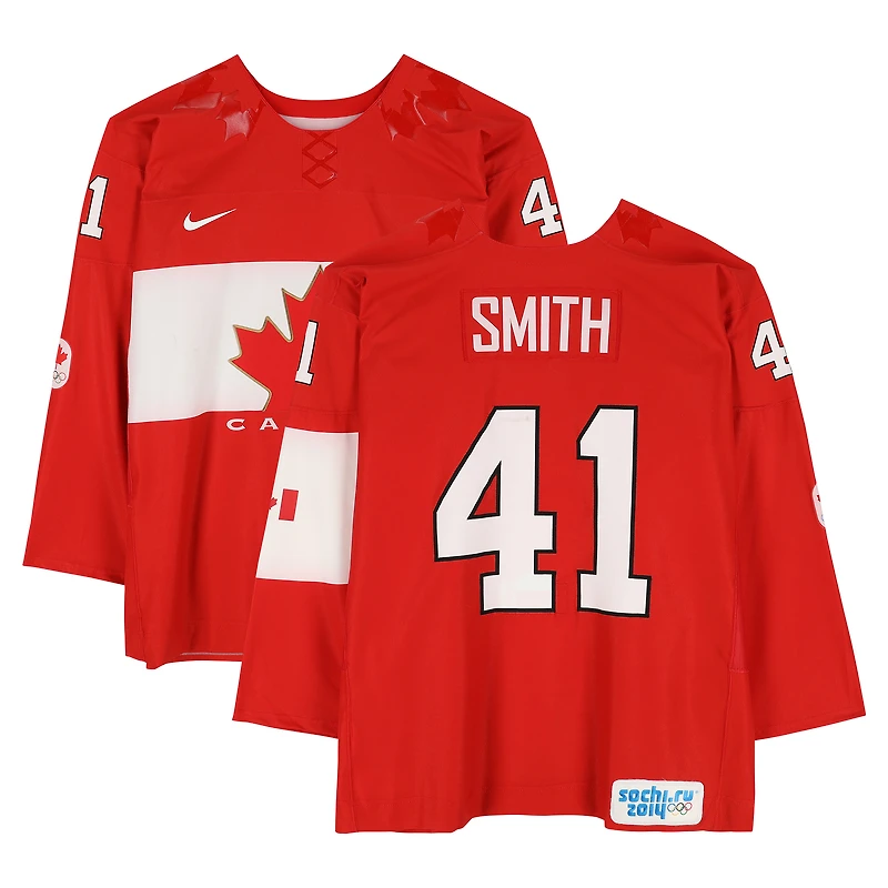 Mike Smith Team Canada Player-Issued #41 Red Nike Jersey vs. Team Norway on February 13 during the 2014 Olympic Games