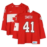 Mike Smith Team Canada Player-Issued #41 Red Nike Jersey vs. Team Norway on February 13 during the 2014 Olympic Games