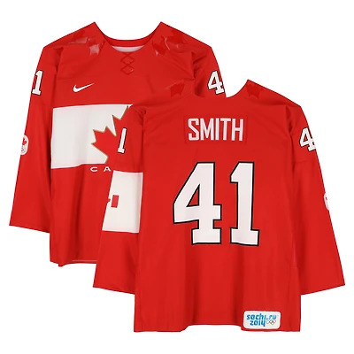 Mike Smith Team Canada Player-Issued #41 Red Nike Jersey vs. Team Norway on February 13 during the 2014 Olympic Games