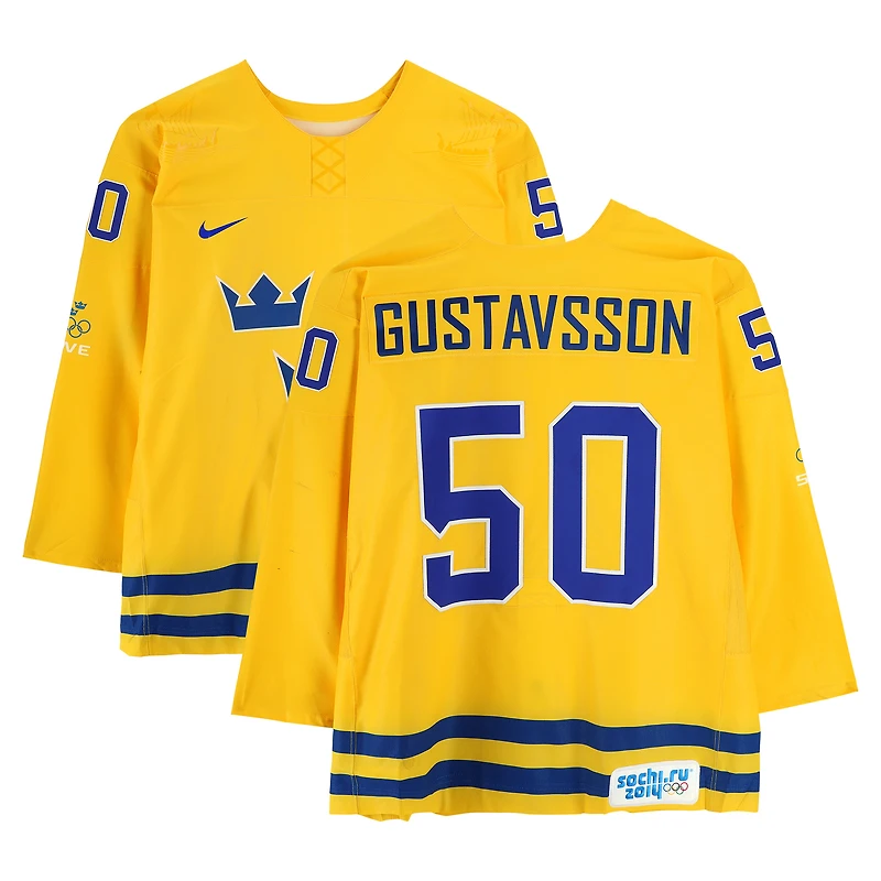 Jonas Gustavsson Team Sweden Player-Worn #50 Yellow Nike Jersey vs. Team Switzerland on February 14 during the 2014 Olympic Games - Worn During Warmups