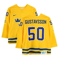 Jonas Gustavsson Team Sweden Player-Worn #50 Yellow Nike Jersey vs. Team Switzerland on February 14 during the 2014 Olympic Games - Worn During Warmups
